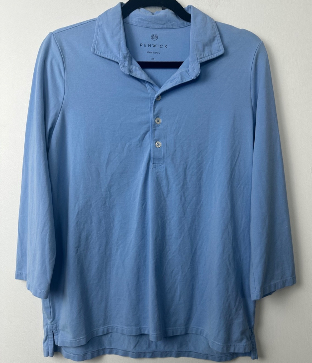 Renwick Women’s M Blue Collared 3/4 Sleeve Button-Up Henley Pima Cotton Top A5